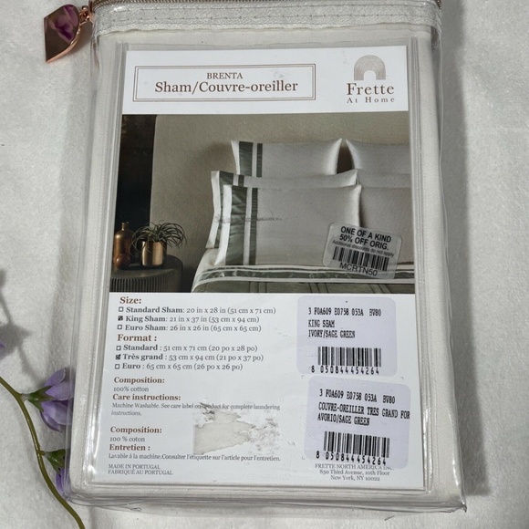 NIB [ 1 King ] Pillow Sham for Frette At Home Brenta in‎ Ivory / Sage Green - Picture 2 of 12